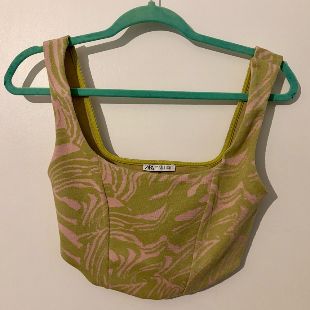 Zara Pink and Green Cropped Corset-Style top. Size Small
